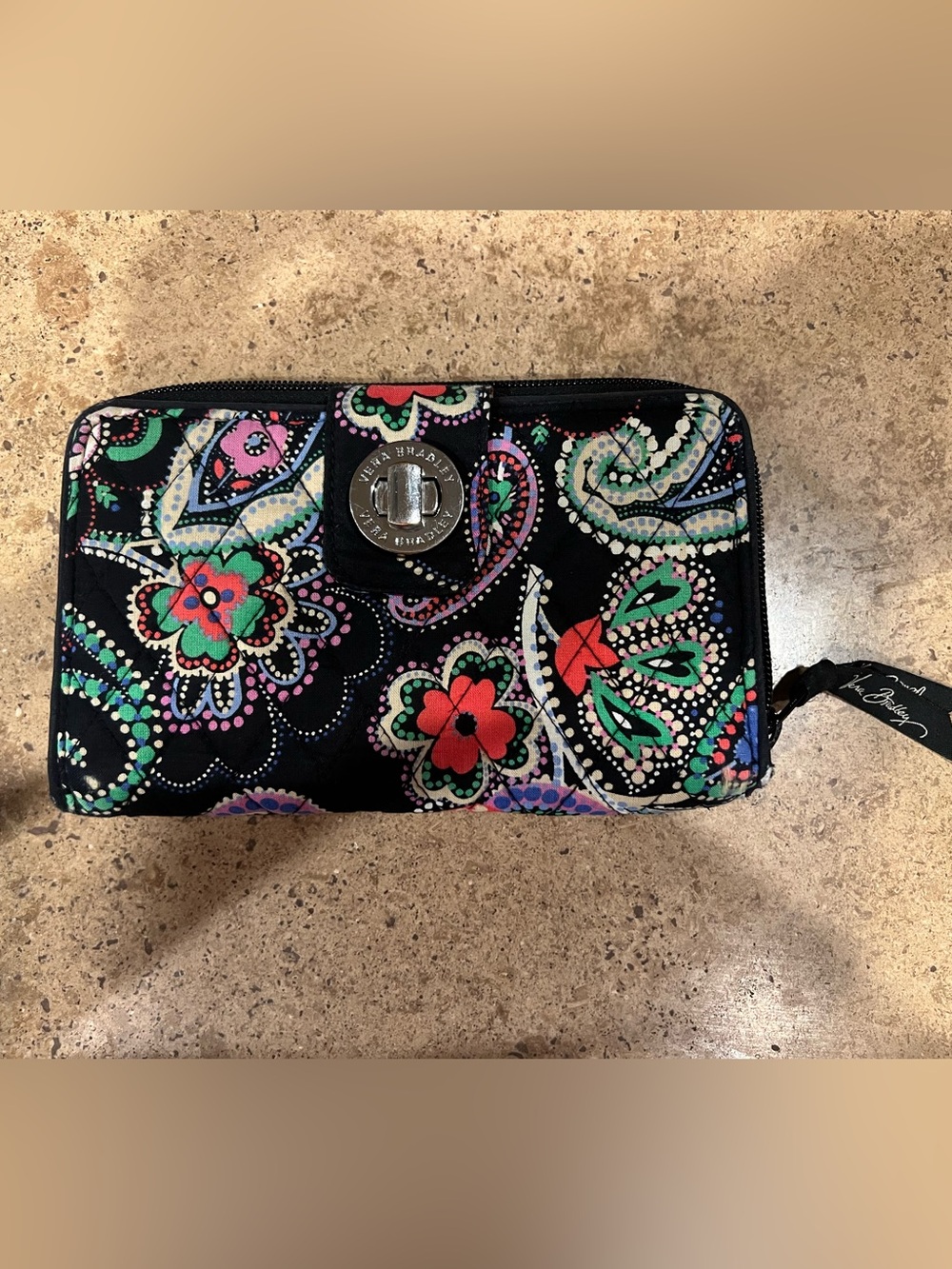 Vera Bradley Black Floral Paisley Zip Wallet with Bright Accents